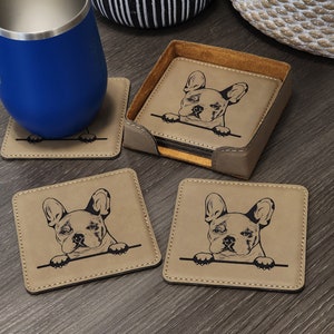 French Bulldog Light Brown Leather Coaster set of 6 w/ holder, Frenchie Dog Lover Gift, Family Room Coasters, Living Room Cute Dog Mom Gift