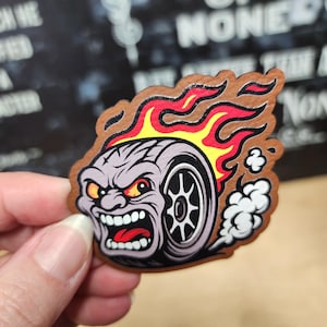 Screaming Tire With Flames Iron On Patch For Hats, UV Printed Leather