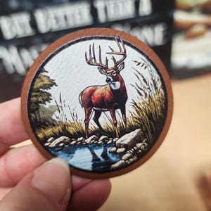 Deer By The Stream Cap Patch, UV Printed Faux Leather