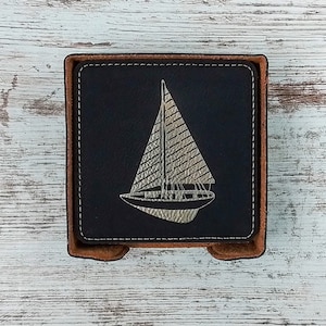 Black Leatherette Sailboat Nautical Coasters, Sailing Gifts, Sail Boat Coaster, Yachting Barware Coasters, Barroom, Set of 6 With Holder