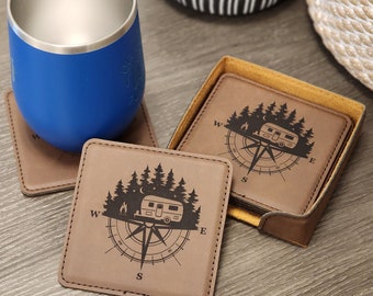 Dark Brown RV Camper Travel Trailer Coaster Set of 6 With Holder, Forests and Compass, Great for RVing, RV Adventure Loving Campers Gifts