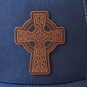 Intricate Celtic Cross Leatherette Iron On Hat Patch, Laser Engraved