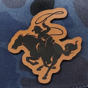 Cowboy Roping A Horse Leatherette Iron On Hat Patch, Laser Engraved