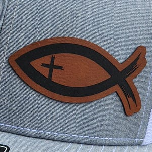 Ichthus Fish Trucker Hat Patch, Laser Engraved Leatherette