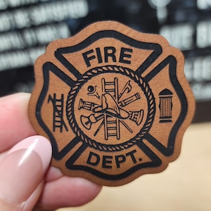 Fire Department Emblem Baseball Cap Patch, Laser Engraved Leatherette