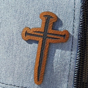 Faithful Cross Design Leatherette Iron On Hat Patch, Laser Engraved