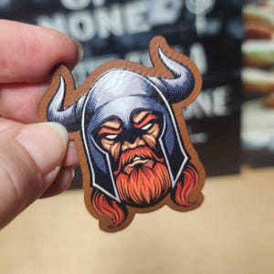 Viking Warrior Face Iron On Hat Patch, UV Printed Leather