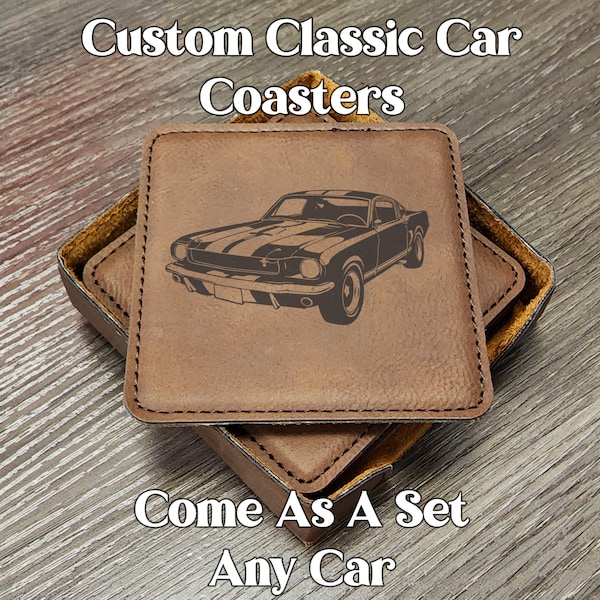 Custom Classic Car Engraved Coaster Set of 6 With Holder, Gift for Car Enthusiast, Car Lover, Man Cave, Father's Day, Pony & Muscle Cars