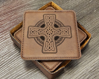 Celtic Cross Coaster Set of 6 With Holder, Last Name Celtic Gifts, Celtic Knot Man Cave Irish Design Coaster