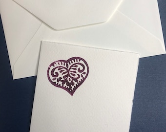 Maroon love heart valentines cards. Two designs available. Hand wood printed on rustic card with envelope.