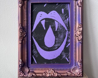 Vampire Teeth Gothic Horror Purple and black Lino Print With Frame. Small gift.