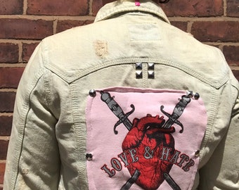 Girl Gang Love Hate Customised Punk Denim Jacket. Size 10.