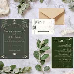 Hochzeit einladen mit QR-Code | Legend of Zelda Hochzeitseinladungs-Set mit QR-Code Antwort & Details | Bearbeitbare Canva Vorlage