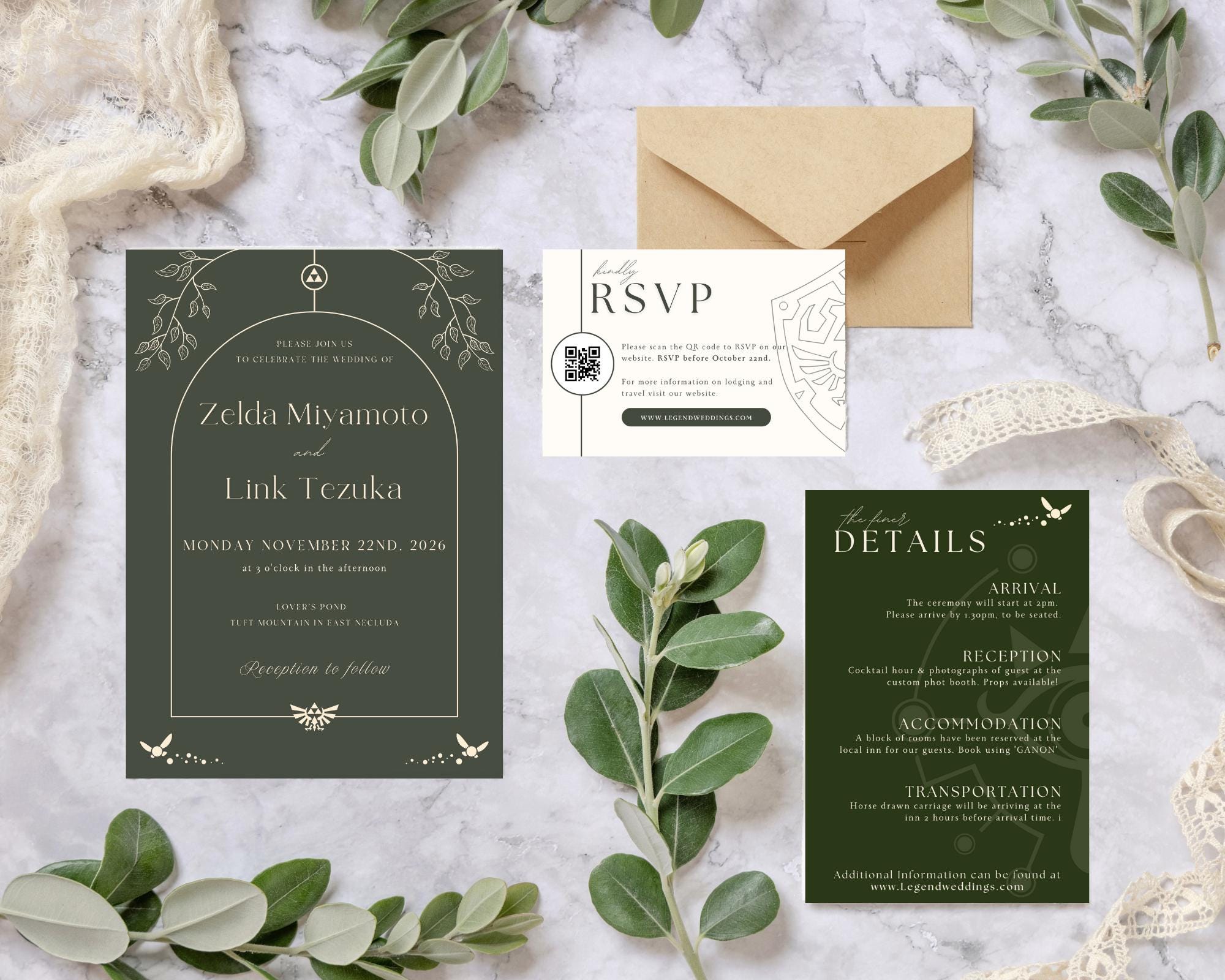 Legend of Zelda Wedding Invitation Set | QR Code RSVP (canva
