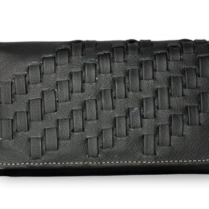 Cartera de piel auténtica con rayas/ Cartera de piel auténtica negra/ Cartera de piel auténtica multiservicio/ Cartera de piel/ Cartera de mujer