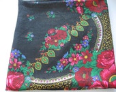Vintage russian shawl, Flower ornament shawl, Black wool shawl