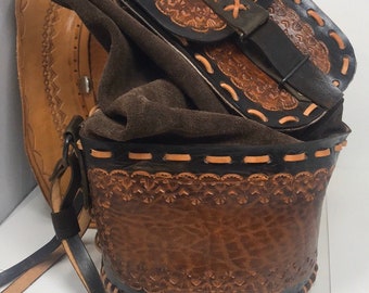 Bucket Bag, Vintage Tooled Leather Bag,Sling Bucket Bag