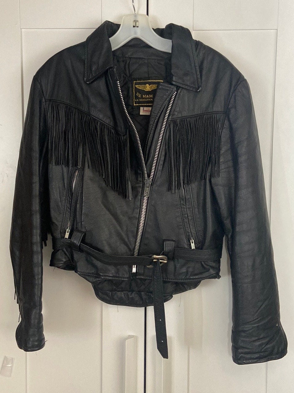 Vintage US Made Co Black Leather Fringe Moto Biker Jacket Women