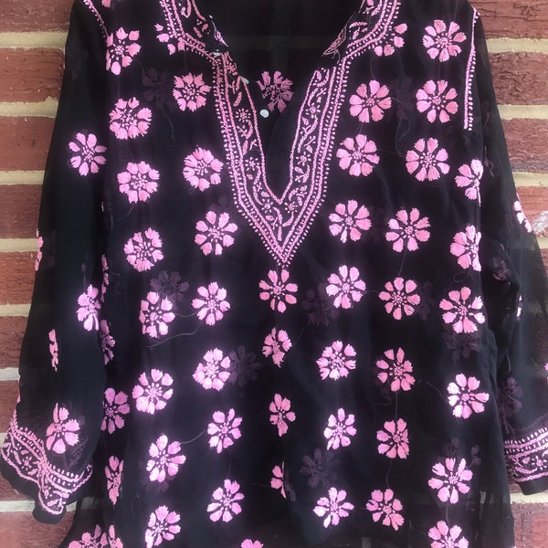 Vintage Sheer Hand Embroidered tunic top,Hippie,Hipster blouse, peasant top, embroidered peasant top,floral,ethnic