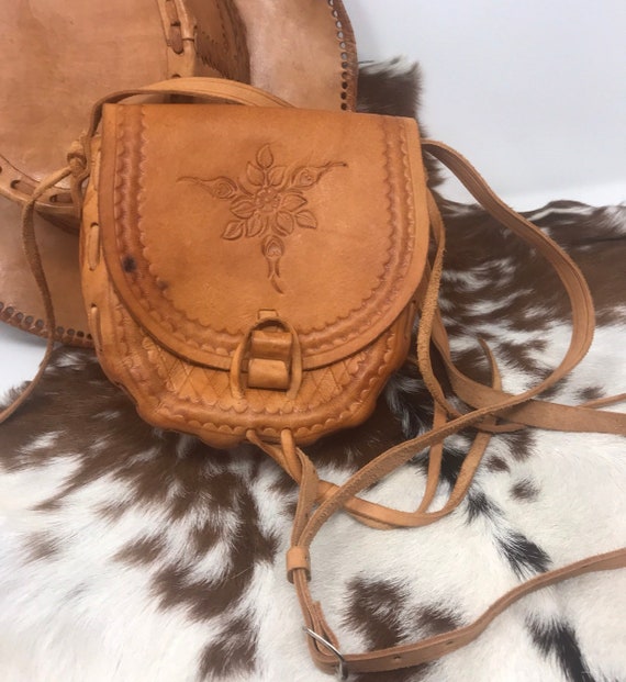 Leather tooled small handmade purse ,Cross body ba