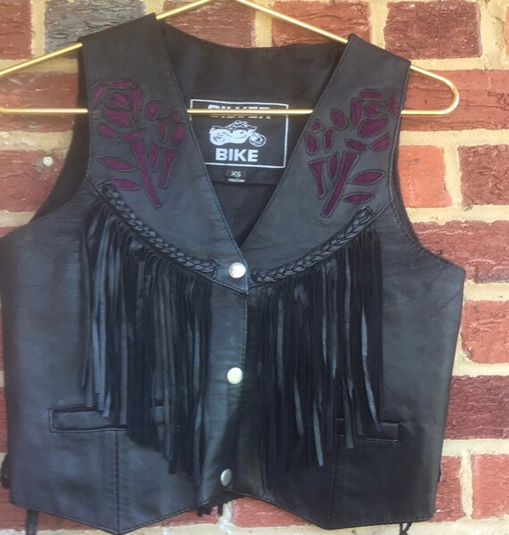 Leather Fringe XS Vest,Biker vest, leather rose ve