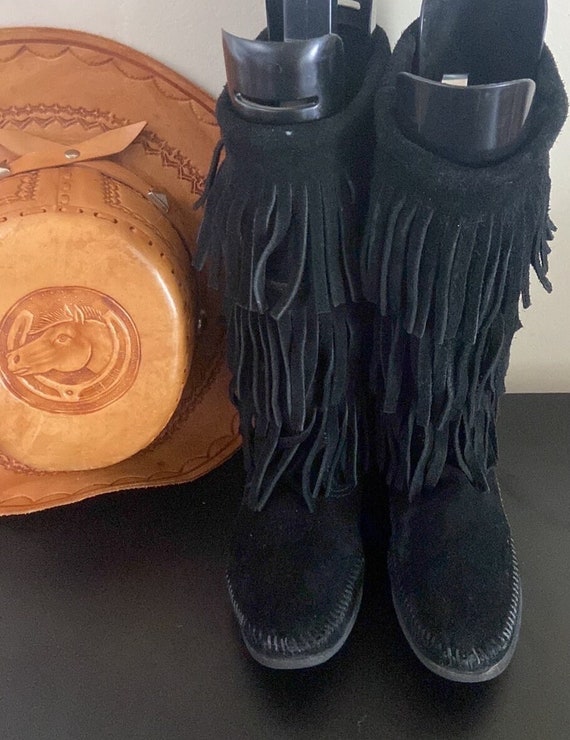 Vintage Black suede Minnetonka fringe boot,fringe… - image 1