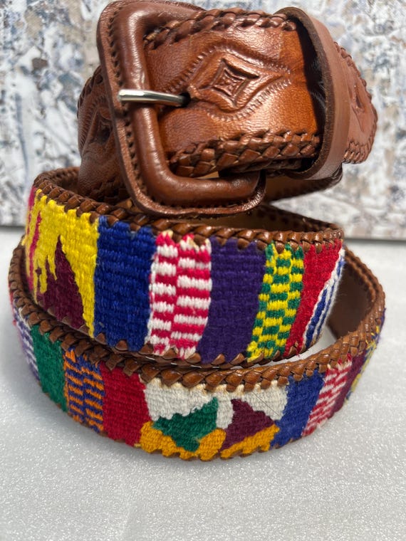 Leather Belt Guatemalan Leather Woven Belt,Vintage Belt