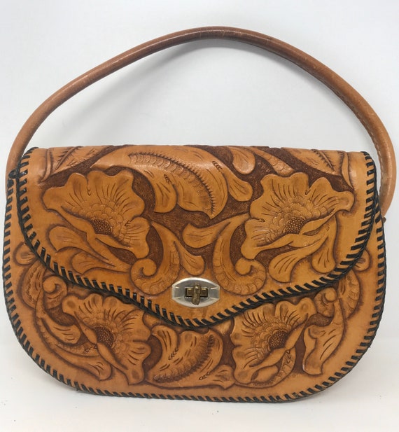 Vintage 70s Leather Tooled Purse /Handbag,Tooled L