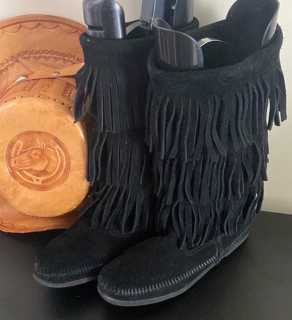 Vintage Black suede Minnetonka fringe boot,fringe… - image 2