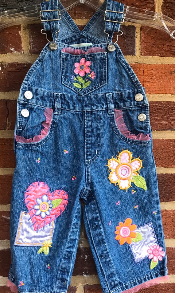 Denim appliquéd overalls, infant overalls, overal… - image 1