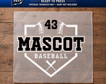 May include: A DTF transfer with the text "MASCOT BASEBALL" in black and white, with the number 43 above. The design includes a baseball and a home plate shape. The top of the transfer reads "DTF TRANSFER".