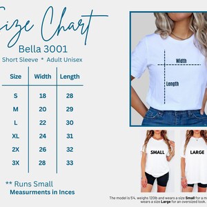 The image is a size chart for a short sleeve t-shirt, showing the measurements for different sizes. The chart includes a table with size categories (S, M, L, XL, 2X, 3X) and corresponding widths and lengths. There are also three images of women wearing the t-shirt in different sizes, with the sizes labeled as small, medium, and large. The chart also includes a caption that describes the model's size as 5.4 and the measurements in inches.