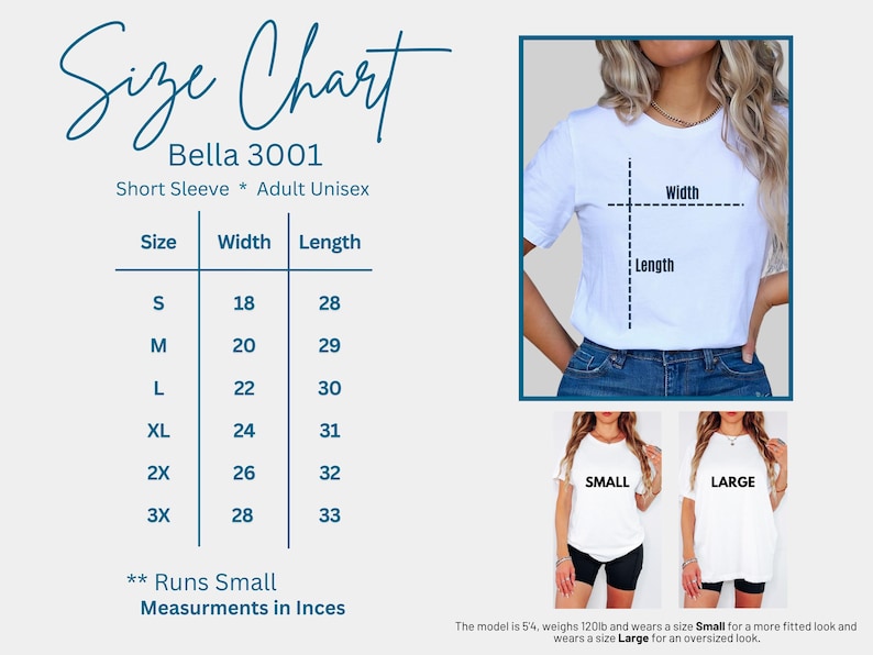 The image is a size chart for a short sleeve t-shirt, showing the measurements for different sizes. The chart includes a table with size categories (S, M, L, XL, 2X, 3X) and corresponding widths and lengths. There are also three images of women wearing the t-shirt in different sizes, with the sizes labeled as small, medium, and large. The chart also includes a caption that describes the model's size as 5.4 and the measurements in inches.