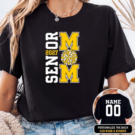 Senior Cheer Mom Shirt Class of 2027, Personalized Name & Number Back, Custom School Colors, Cheer Mom Tee Senior Night Shirt