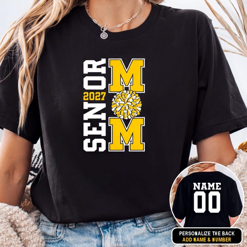 Senior Cheer Mom Class of 2027 shirt with custom school colors and personalized name and number on the back, perfect for Senior Night and Parent Night.