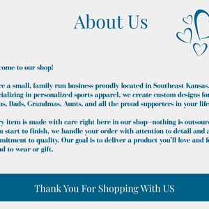 a welcome message for a small family-run business located in Southeast Kansas, which specializes in personalized sports apparel. The message emphasizes the business's commitment to quality and customer satisfaction, and invites shoppers to visit the shop to browse and purchase their favorite products.