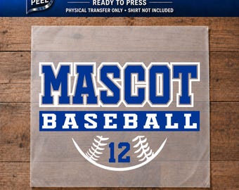 May include: A DTF transfer sheet featuring the blue text MASCOT BASEBALL with the number 12 centered above a white graphic of a baseball stitch pattern. The design is printed on a clear film, intended for heat application to apparel items.