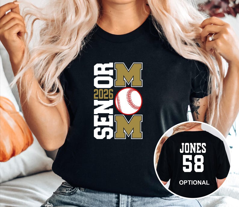 A woman wearing a black t-shirt with a baseball graphic and text that says "SENOR MOM 2026" and "JONES 58".