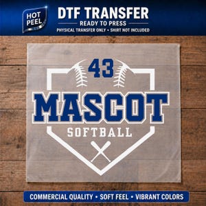 Softball Mascot DTF Transfer Ready to Press, Custom Team Shirt Transfer, Summer Youth Softball Iron On, Softball Mascot Transfer
