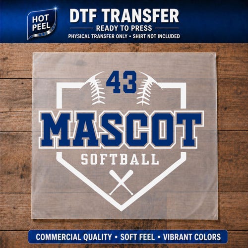 Softball Mascot DTF Transfer Ready to Press, Custom Team Shirt Transfer, Summer Youth Softball Iron On, Softball Mascot Transfer