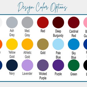 a collection of 16 different color options, each with a unique color name, arranged in a grid format. The colors include white, ash grey, red, deep burgundy, cardinal red, bubble gum pink, yellow, athletic gold, pale blue, sky blue, royal blue, navy, lavender, witchy purple, purple, green, black, and royal blue.