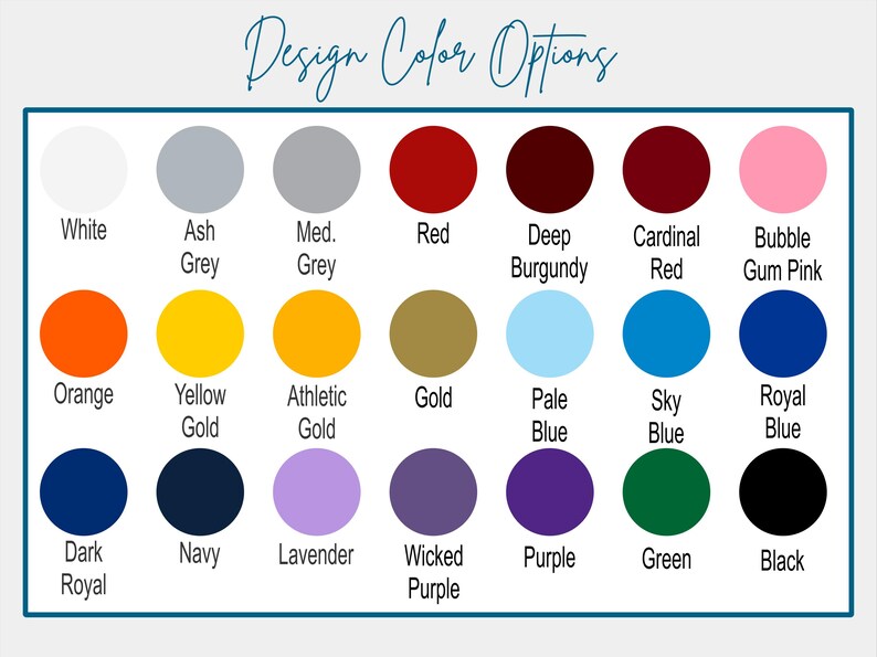 a collection of 16 different color options, each with a unique color name, arranged in a grid format. The colors include white, ash grey, red, deep burgundy, cardinal red, bubble gum pink, yellow, athletic gold, pale blue, sky blue, royal blue, navy, lavender, witchy purple, purple, green, black, and royal blue.