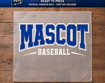 May include: A DTF transfer with the word "MASCOT" in blue block letters with a white outline, above the word "BASEBALL" in white. The transfer is ready to press and features vibrant colors and a soft feel.
