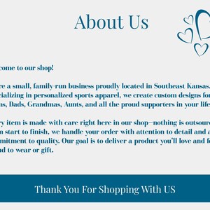 a welcome message for a small family-run business located in Southeast Kansas, which specializes in personalized sports apparel. The message emphasizes the business's commitment to quality and customer satisfaction, and invites shoppers to visit the shop to browse and purchase their favorite products.