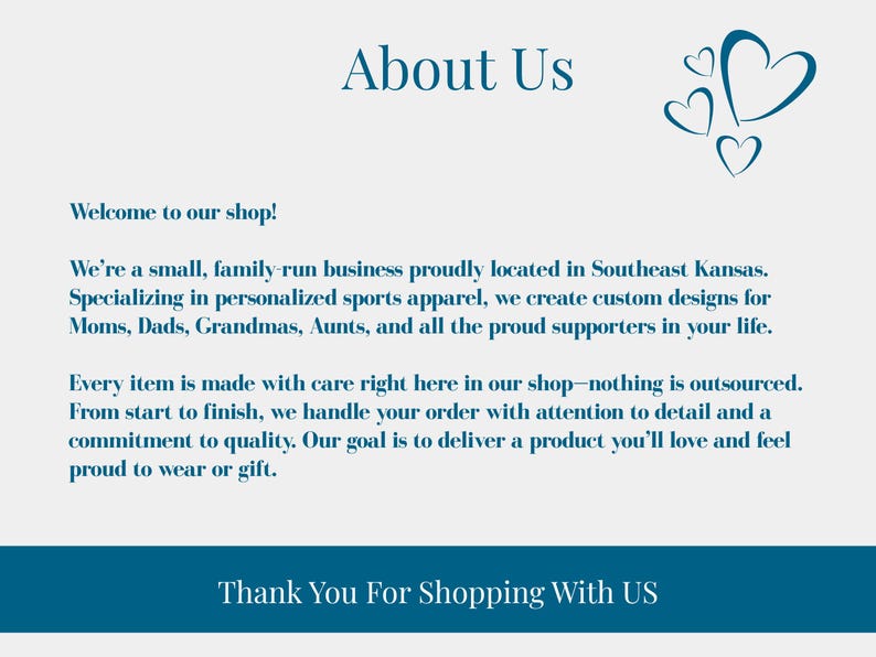 a welcome message for a small family-run business located in Southeast Kansas, which specializes in personalized sports apparel. The message emphasizes the business's commitment to quality and customer satisfaction, and invites shoppers to visit the shop to browse and purchase their favorite products.