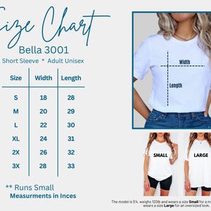 The image is a size chart for a short sleeve t-shirt, showing the measurements for different sizes. The chart includes a table with size categories (S, M, L, XL, 2X, 3X) and corresponding widths and lengths. There are also three images of women wearing the t-shirt in different sizes, with the sizes labeled as small, medium, and large. The chart also includes a caption that describes the model's size as 5.4 and the measurements in inches.