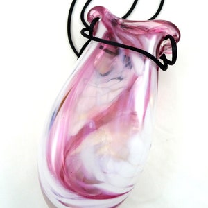 Beautiful Vintage Handmade Blown Glass Wall Pocket Vase Dark Pink and White 6&quot; x 3&quot; x 1.75&quot; Unique Home Decor Made in USA