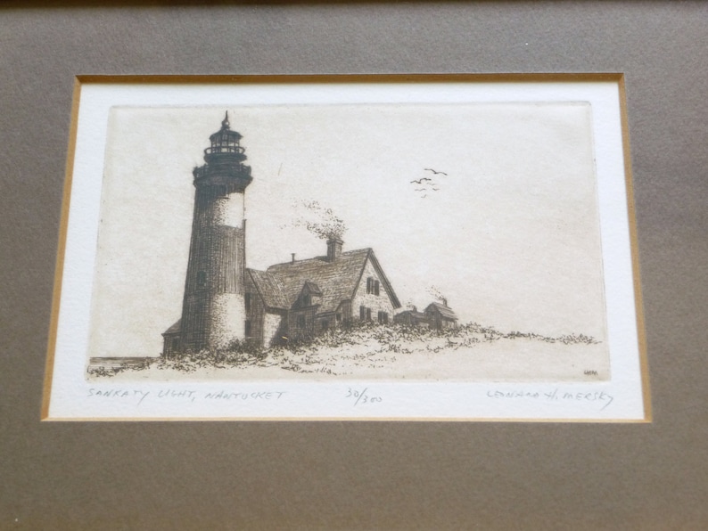 Nantucket 30300 RARE Signed Collectible Framed Vintage Artwork Leonard H Mersky Lighthouse Etching Sankaty Light
