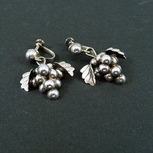 Vintage Estate Sterling Silver Grape Cluster Screw Post Clip On Dangle Earrings Taxco Eagle Silver Stamp Made in Mexico Unique!