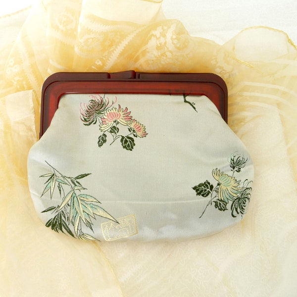 Vintage Small Silver Satin Clutch Purse With Chinese Theme Pattern Bamboo Chrysanthemum Snap Closure